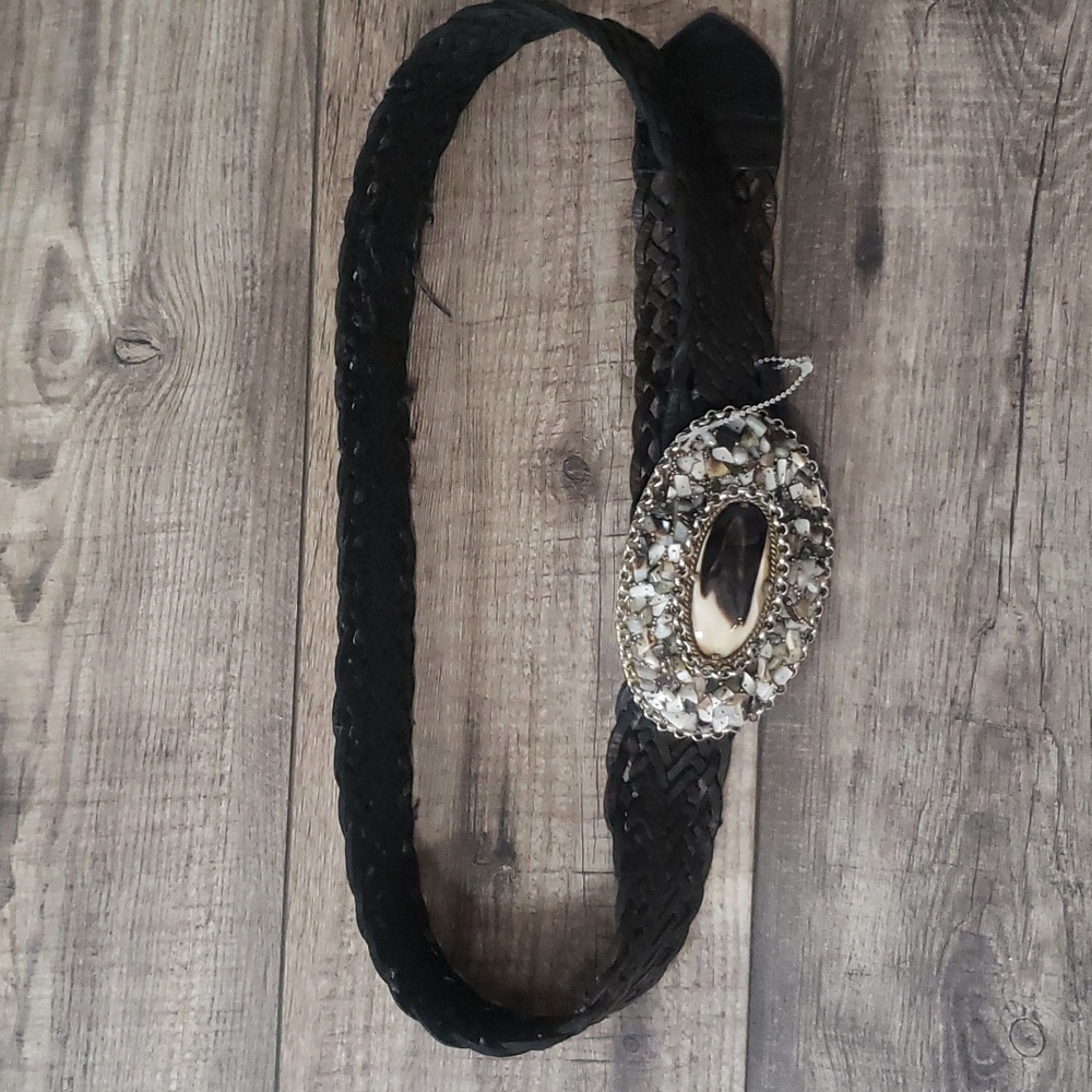 Woven Black Leather Belt with Decorative Rhinestone Oval Buckle